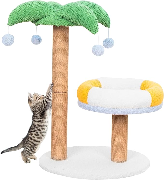 Cat Scratching Post Cat Tree Kitten Toys Kitten Scratcher Sisal Scratch Posts with Cat Bed and 4 Hanging Ball 27in Tall for Kittens or Smaller Cats