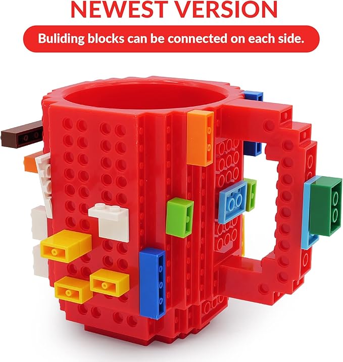Build-on Brick Coffee Mug, Funny DIY Novelty Cup with Building Blocks Creative for Kids Men Women Xmas Birthday (Red)