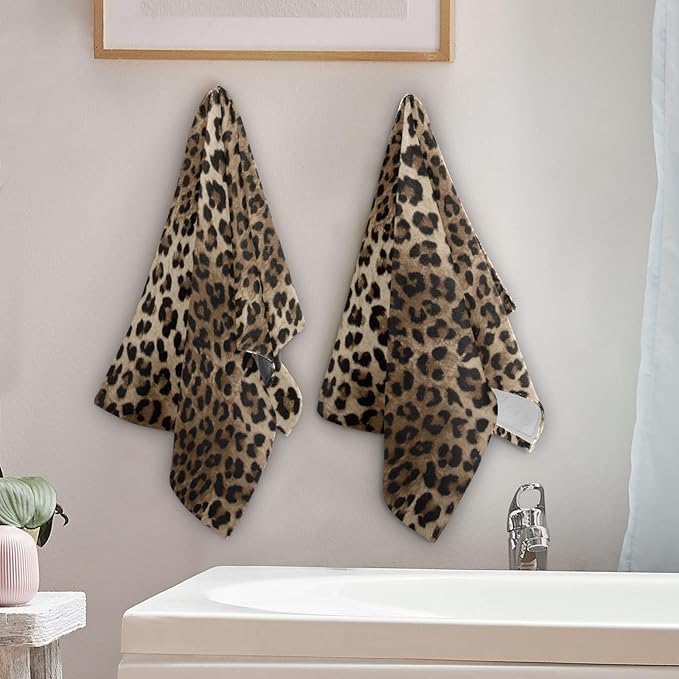 Brown Leopard Hand Towels for Bathroom,2 Pack Black Cheetah Kitchen Towels 14"x28" Soft Absorbent Wild Savannah Animal Print Bath Towels Decorative Bathroom Towels for Guest,Face,Shower,Gym