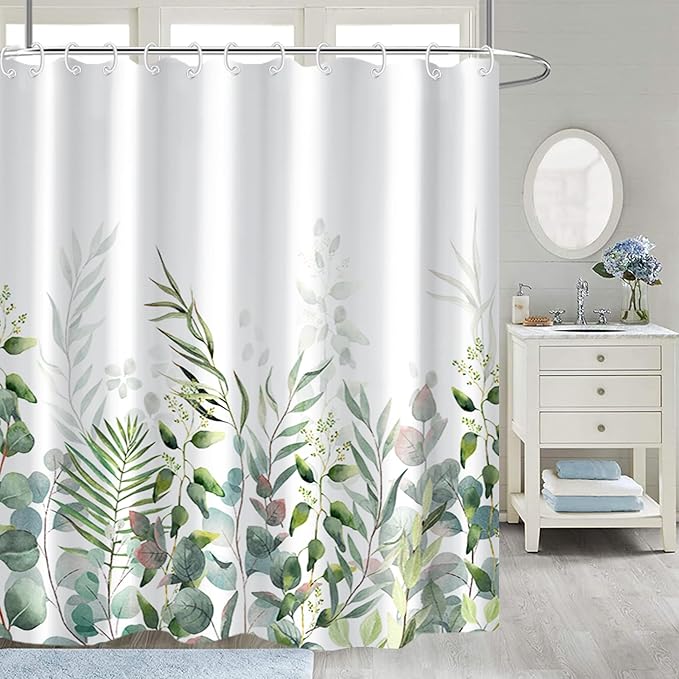 AWERT Shower Curtain Plants for Bathroom,Waterproof Quick-Drying Green Leaves Shower Curtain Set with Hooks 72x78 Inch