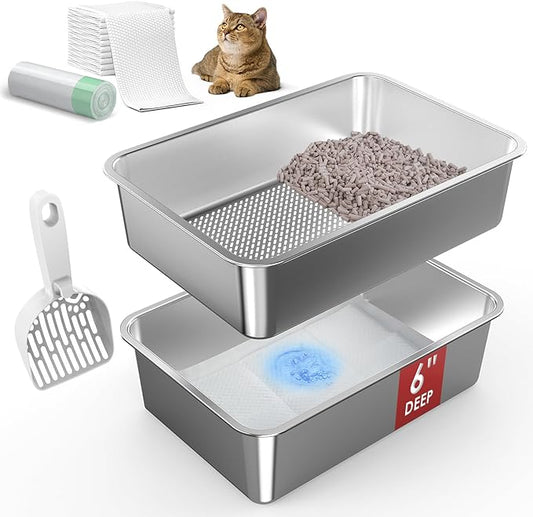 19.7''x13.7''x6'' Stainless Steel Litter Box, Open Top Sifting Litter Box for Pine Pellets, Metal Cat Litter Box Pan Tray System with Scoop and Pee Pad, Odor Control, Low Dust, Easy Cleaning