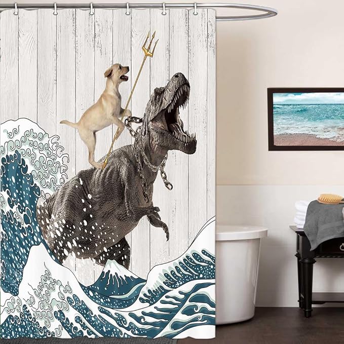 Boziqr Funny Dog Shower Curtain, Japanese Ocean Wave Dinosaur Rustic Barn Door Decor Fabric Bathroom Curtains Set, Cute Animal Kids Polyester Fabric Waterproof, 36 X 70 Inches