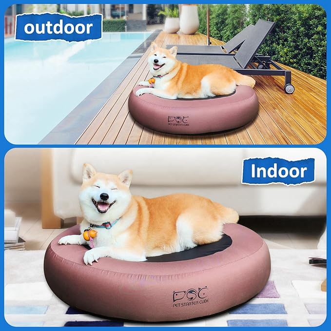 Elevated Dog Bed,Inflatable Dog Bed Raised,Pet Cushion Sofa for Medium Dogs,Portable Dog Cot Doughnut Round Stand,Waterproof Dog Bed Frame for Indoor,Outdoor(Coffee)