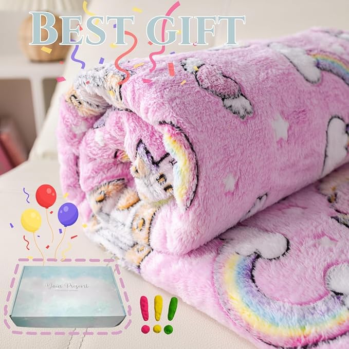 Mermaid Princess Pattern Blanket, Unicorn Blanket Glow in The Dark, 50" x 60", Pink