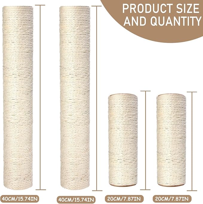 Barelove 4 Pack Cat Scratching Post Tower Replacement, 15.7“ + 7.9" Natural Sisal Rope Scratcher Posts for Indoor Kittens Tree, Hemp Rope Scratch Pole Part Cats Furniture Accessories with M8 Screws