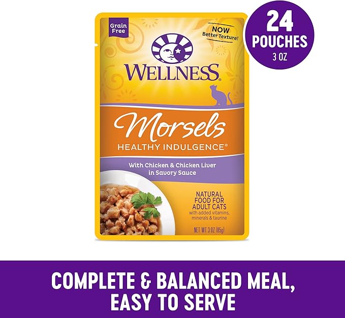 Wellness Healthy Indulgence Morsels Grain-Free Wet Cat Food, Made with Natural Ingredients, Quality Proteins, Complete and Balanced Meal, 3 oz Pouches (Chicken & Chicken Liver, 24 Pack)