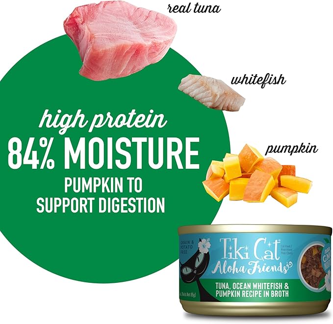 Tiki Cat Aloha Friends, Tuna, Ocean Whitefish & Pumpkin, Grain-Free & High Moisture, Wet Cat Food for All Life Stages 3 oz. Cans (Pack of 12)