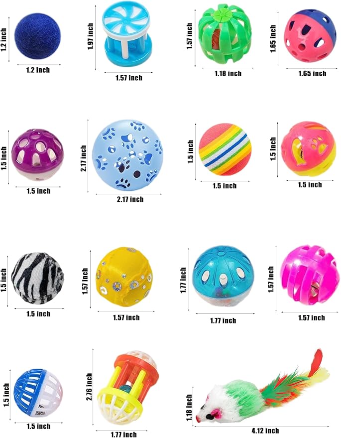 Cat Toys for Indoor Cats - 15 Pcs Kitten Toys Set - Includes 8 Bell Balls - 1 Catnip Mouse - 6 Plush Balls - Colorful and Safe - Pet Playset for Interactive Fun and Exercise