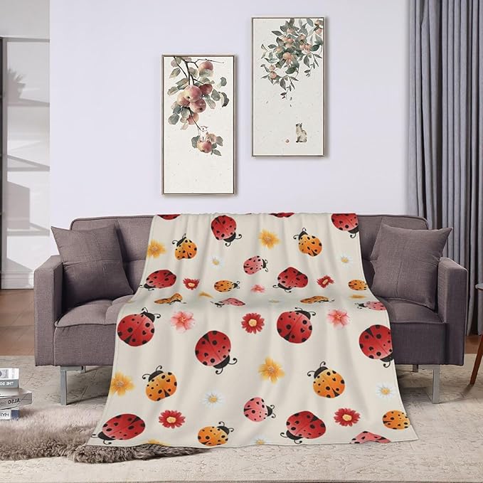 Ladybug Throw Blanket - Cute Decor Stuff Merch, Cozy Print Flannel Fleece, Soft Plush Fuzzy Warm Lightweight Bedding, Gifts for Women Men Girls Kids 50"X40"