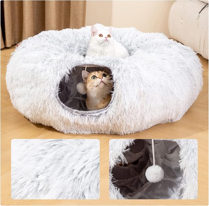 HIPIPET Plush Cat Tunnel with Cat Bed for Indoor Cats,Multifunctional Cat Toys for Small Medium Large Cat.