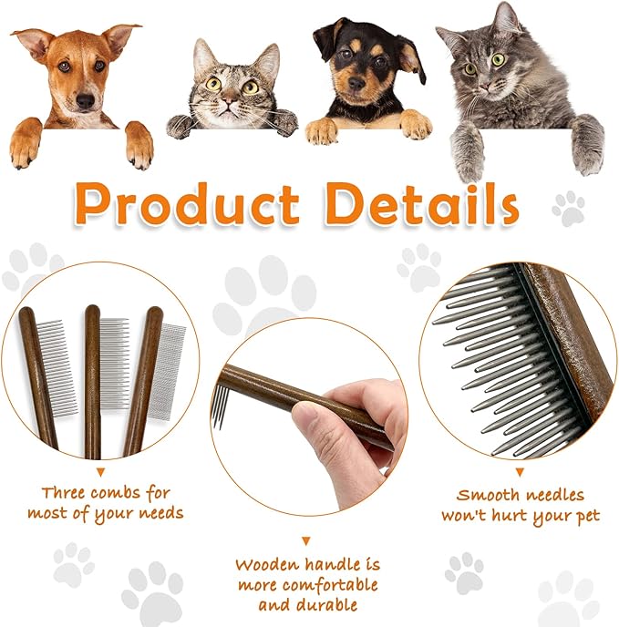 3 Pack Solid Wood Cat Combs, Stainless Steel Teeth for Cat Dog Rabbit Massage, Flea Lice Comb Removes Mats, Tangles and Loose Fur, Grooming Comb for Small Medium Pets