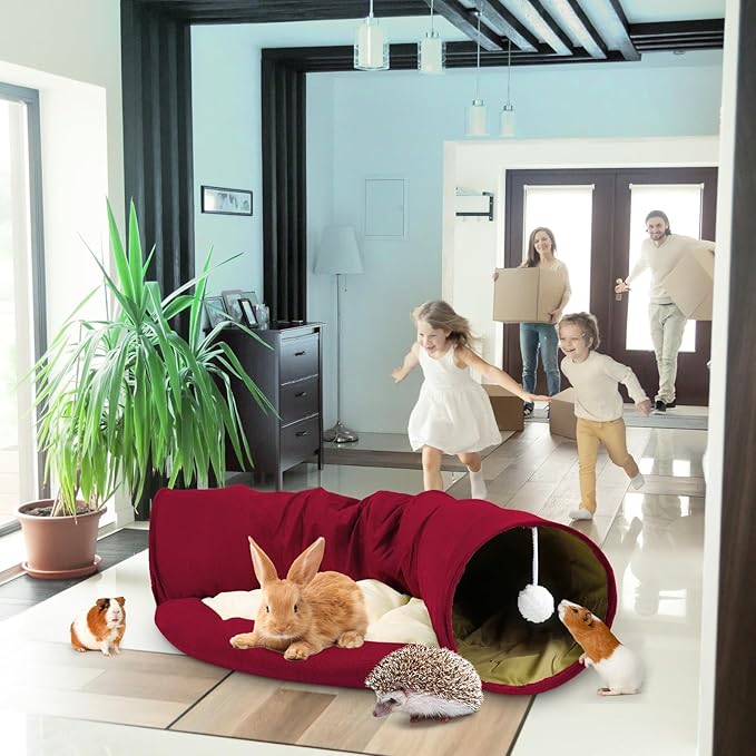 BWOGUE Bunny Tunnel Bed, 2-in-1 Collapsible Tunnel Tubes Toys with Removable Mat Hideout for Cats Kittens Rabbits Guinea Pigs Kitty
