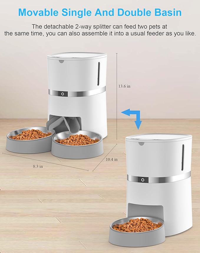 Automatic Cat Feeder, WellToBe Pet Feeder Food Dispenser for Cat & Small Dog with Two-Way Splitter and Double Bowls, up to 6 Meals with Portion Control, Voice Recorder - Battery and Plug-in Power