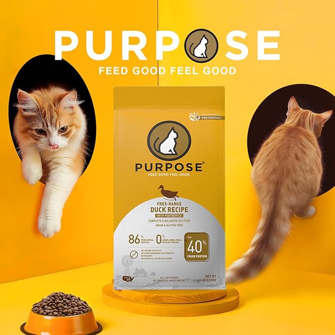 PURPOSE Natural Dry Cat Food, Grain Free Dry Cat Food, Protein Rich Indoor Cat Food for All Breeds and Life Stages, Free-Range Duck Recipe with Postbiotics, 4.5lb Bag, USA Made…