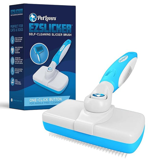 PetLovers EzSlicker Self-Cleaning Brush - Dog Brush for Shedding, Gentle Slicker Brush for Cats, Tangle-Free Grooming Comb with Soft Bristles & Ergonomic Handle for Stress-Free Grooming (White)