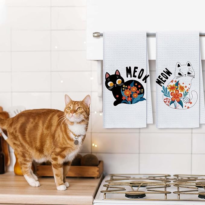 Cute Cat Kitchen Dish Towels Set of 2 Black and White Cat Kitchen Accessories Cat Lover Gifts for Women Cute Boho Towels Decorative Set for Kitchen & Bathroom 16×24 Inch