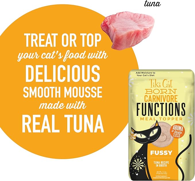 Tiki Cat Born Carnivore Functions Fussy, Tuna Recipe in Broth, Highly Palatable Formulated for Picky Eaters, Mousse Cat Food Topper, 1.5 oz. Pouch (12 Count)