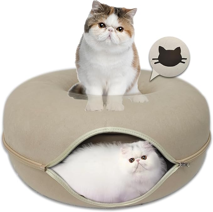 Donut Cat Tunnel Bed Peekaboo Cat Cave for Large Cats Up to 30 Lbs, Kitty Interactive Playing Tent House for Multiple Cats,Detachable,Scratch Resistant (Beige, Medium - 20 Inch Diameter)