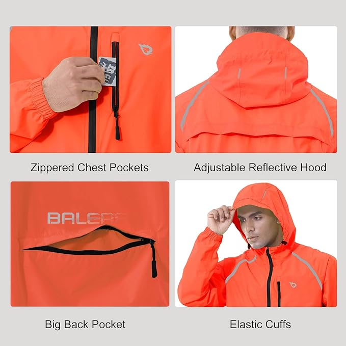 baleaf Men's Rain Jacket Waterproof Windbreaker Running Cycling Golf Hiking Gear Hood Lightweight Reflective Packable