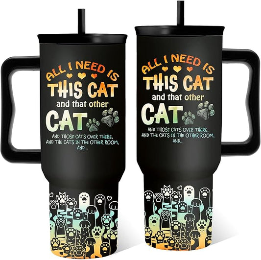 All I Need Is This Cat Tumbler For Women, Cute Paw Print Tumbler For Cat Lovers With Handle 40 Oz, Birthday Christmas Gifts For Men, Cute Animal Travel Coffee Cup