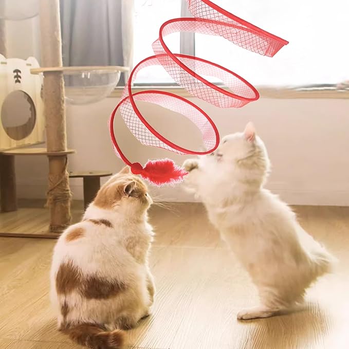 Cat Tunnel for Indoor Cats, S Type Foldable Cat Tunnel Red Cat Play Tunnels with Feather and Ball Interactive Cat Toys