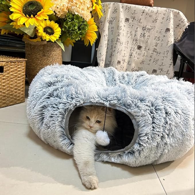 Cat Tunnel Bed, Tunnels for Indoor Cats Soft Warm Light Grey Plush, Collapsible Interactive Tube Toys, Maze House with Peek Holes Dangling Ball for Rabbit, Kitten, Kitty, Puppy