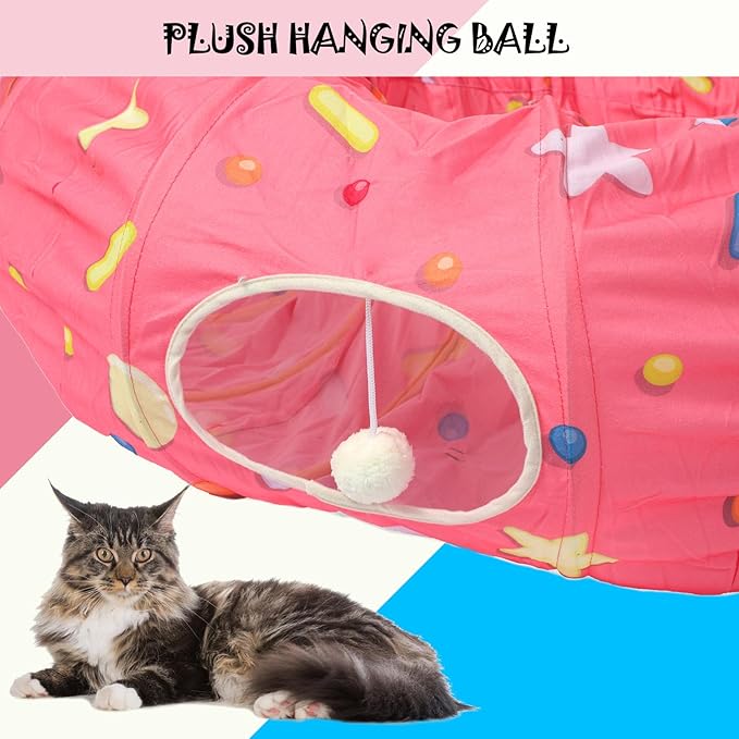 LUCKITTY Large Cat Donut Tunnel, Big Cat Tunnel Bed,Fluffy Toy Balls, Small Cushion and Flexible Design- 12 inch Diameter, Great for Cats, and Small Dogs,Pink