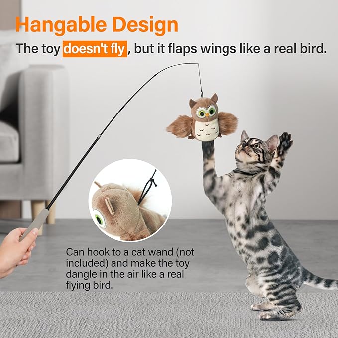 Cat Toys for Indoor Cats, Flapping Bird Cat Toy, Electric Simulated Chirping Bird Interactive Cat Toy with Flappy Wings, Rechargeable Touch Activated Cat Toys with Catnip and Feather - Owl