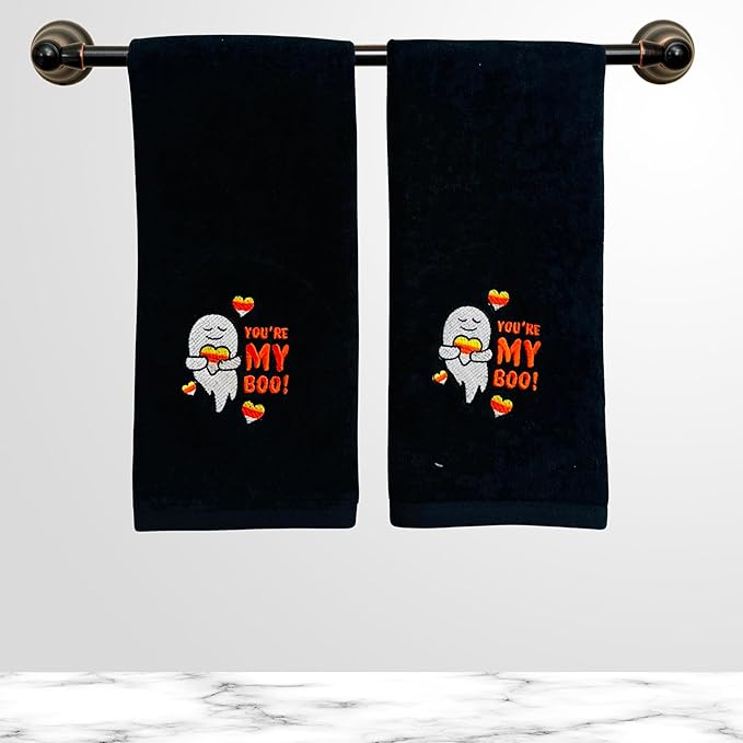 Halloween Hand Bathroom Towels Set of 2 – Embroidered Cotton Ghost & Candy Corn 16 x 25” – Spooky Home Decor for Bath or Kitchen