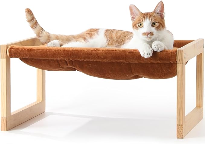FUKUMARU Cat Bed, Plush Velvet Cat Beds for Indoor Cats, Wooden Cat Hammock, 21 x 16.5 Inch Cat Couch, Suitable for Cats, Dog, Bunny, Rabbit, Kitten and Small Animal, Brown