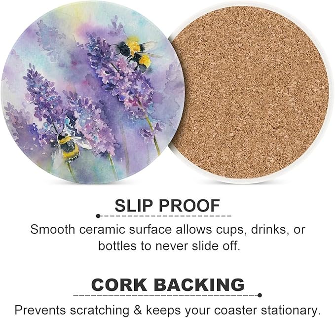 Bee Lavender Coasters for Drinks, Set of 4, 4 Inch Absorbent Diatomite Ceramics Coasters with Cork Base, Tabletop Protection, Suitable for Dining Tables, Desks, Restaurants, Cafes