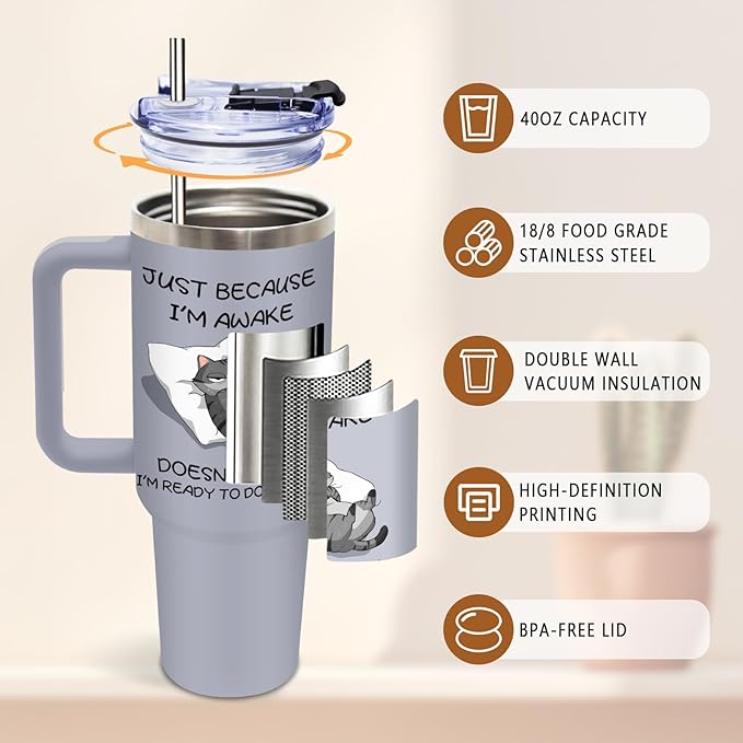 Cat Awake Tumbler 40 Oz, Stainless Steel Insulated Mug, Funny Cat Lovers Design, Lazy Cata Morning Quote, Gift for Cats Enthusiasts, Relaxed Mornings, and Me-Time Lovers