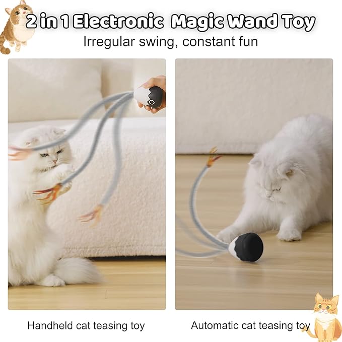 Cat Toys Rechargeable Plush Cat Wand Toy with Silicone Teaser Tail, Electronic Cat Toys Interactive for Indoor Cats/Kittens, Automatic Exercise Cat Toy - Black