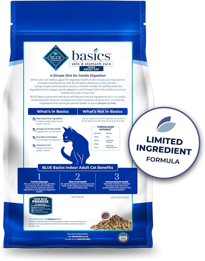 Blue Buffalo Basics Grain-Free Dry Cat Food, Skin & Stomach Care, Limited Ingredient Diet for Indoor Cats, Duck & Potato Recipe, 5-lb. Bag