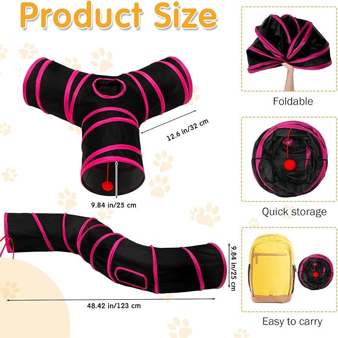 Poen 22pcs Cat Toys Kitten Toys Set with 2 Collapsible Cat Tunnel Toy and 20 Interactive Kitty Toys Cat Feather Toy, Fluffy Mouse, Crinkle Balls, for Cat Kitten Puppy (Rose Red, Black)