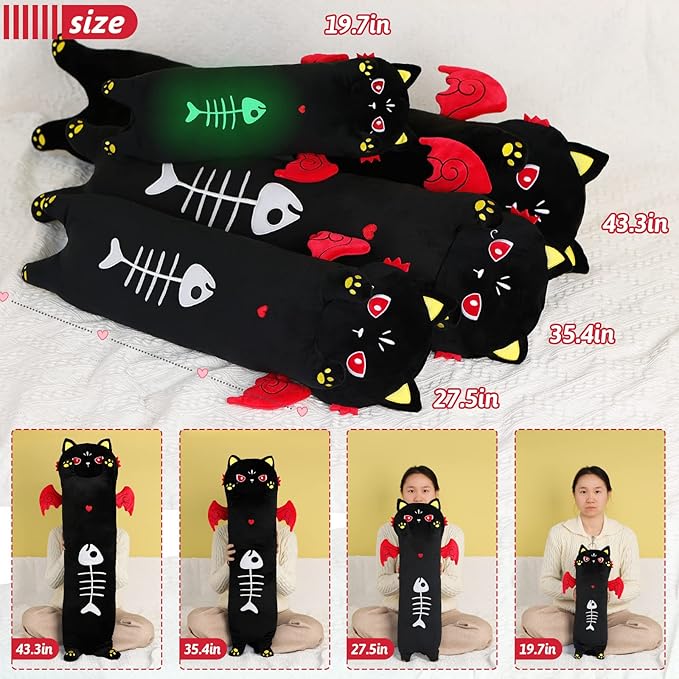 AIXINI Long Cat Plush Pillow Luminous Light Up Black Cat Stuffed Animals, Soft Kawaii Kitten Plushies Pillow Toy for Kids (Luminous,27.5inch)