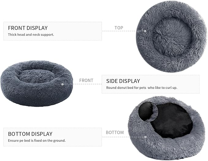 Small Cat Bed for Indoor Cats, Self-Warming Donut Kitty Bed for Small Cats Keeping Warm, Washable Pet Bed with Anti Slip Base, 20‘’ Darkgrey
