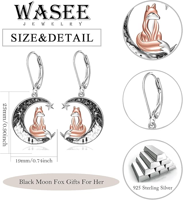 Black Cat/Bat/Spider/Pumpkin/Wolf/Bunny/Sun and Moon/Turtle/Raven 925 Sterling Silver Leverback Dangle Earrings Moon Gothic Christmas Earrings Jewelry Gift for Women