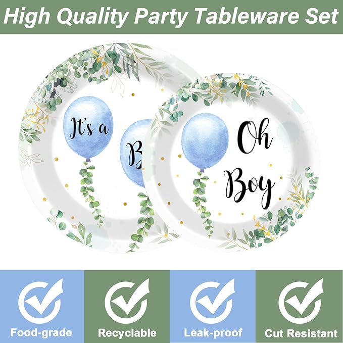 96 Pcs Oh Boy Watercolor Blue Balloon Party Supplies Greenery Boy Baby Shower Tableware Set Eucalyptus Party Favor Birthday Baby Shower Plates and Napkins Table Decorations for 24 Guests
