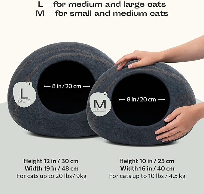 MEOWFIA Premium Felt Cat Bed Cave - Handmade 100% Merino Wool Bed for Cats and Kittens (Dark Shades) (Large, Slate Grey)