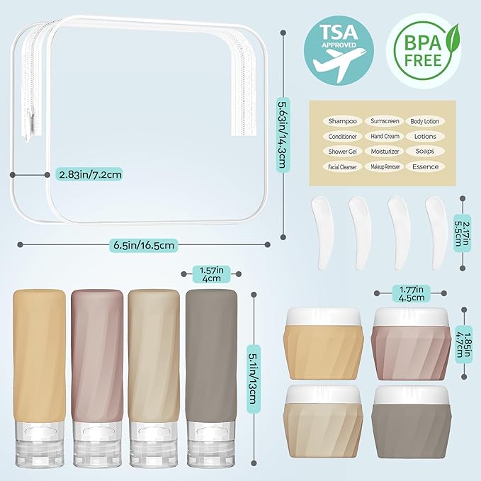 14pack Travel Bottles for Toiletries, TSA Approved Travel Size Toiletries Containers Set, Premium Silicone Leak Proof Refillable Squeezable & Creams jars Accessories Kit W/Clear Bag (Apricot)