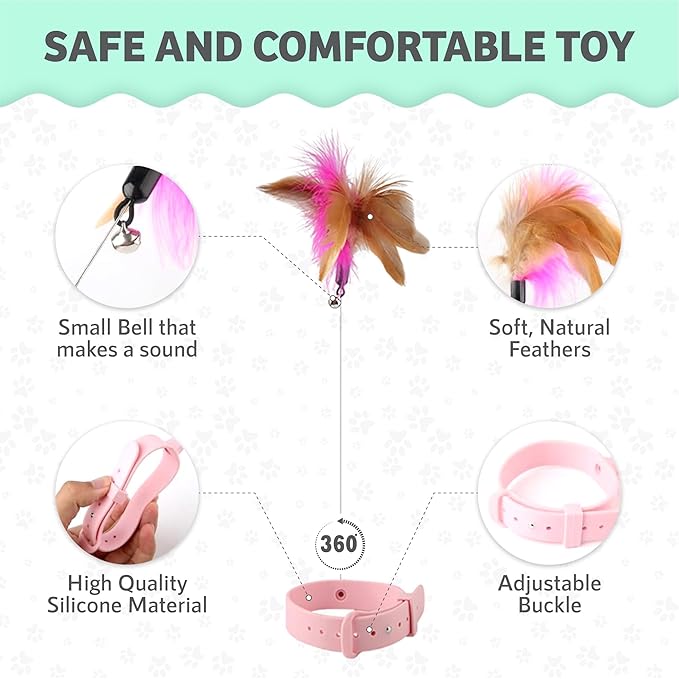 KOTYA Cat Collar Toy, New Premium Teasing Wand with Colorful Natural Feathers and Bell, Lightweight Silicone for Extra Comfort, Interactive Self Playing Toys for Indoor Kittens (Flamingo Pink)