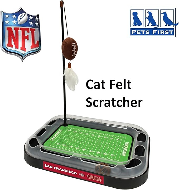 Cute Cat Toy NFL SAN FRANCISCO 49ERS FOOTBALL FIELD CAT SCRATCHER TOY with CATNIP Filled Plush FOOTBALL Toy & Feather Cat Toy hanging, with Jingle Bell INTERACTIVE BALL Cat Chasing 5-in-1 KITTY Toy