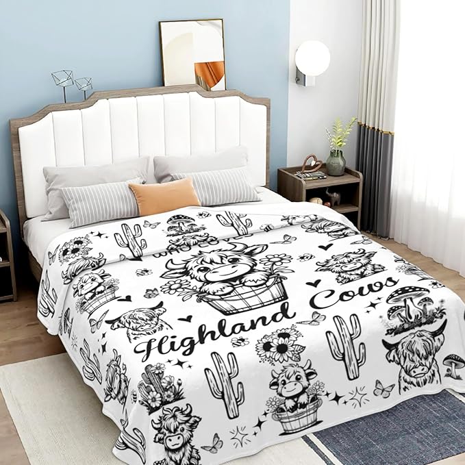 Highland Cow Gifts Sunflower Highland Cow Print Blanket Throw Plush Stuff Cute Animal Butterfly Gifts for Girls Kids Women Adults Highland Cow Lovers Birthday Decorations 60"X50"