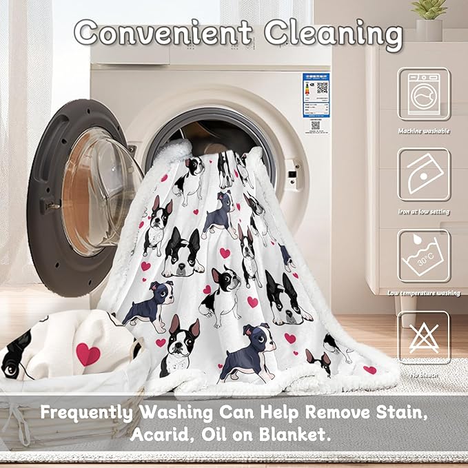 BlessLiving Red Hearts Dog Cat Print Plush Blanket Cute Puppy for Kids Adults 3D Animal Print Plush Blanket Gift for Pet Lovers (Boston Terrier,Twin, 60 x 80 Inches)