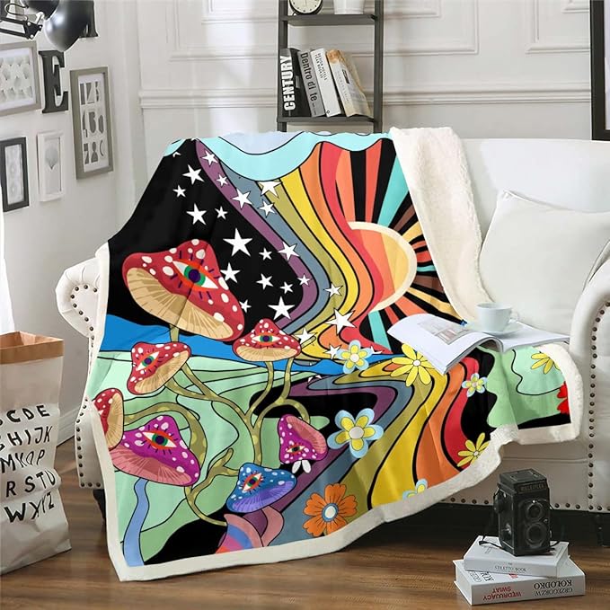 Erosebridal Trippy Mushroom Throw Blanket for Couch Groovy Floral Fleece Blanket Rainbow Striped Sherpa Blanket Throw Size Hippie Boho Eye Blanket Starry Night Fuzzy Blanket 70s Theme Decor