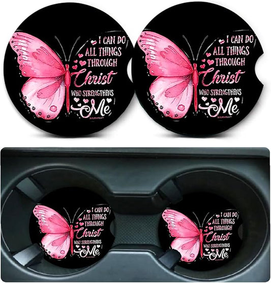 Car Coasters for Cup Holders,2 Pack Pink Butterfly Car Coasters,2.75" Universal Size Anti Slip Rubber Mat,Automotive Cup Holder Decal Decor Accessories,Butterfly Gifts for Women,Men,Mom