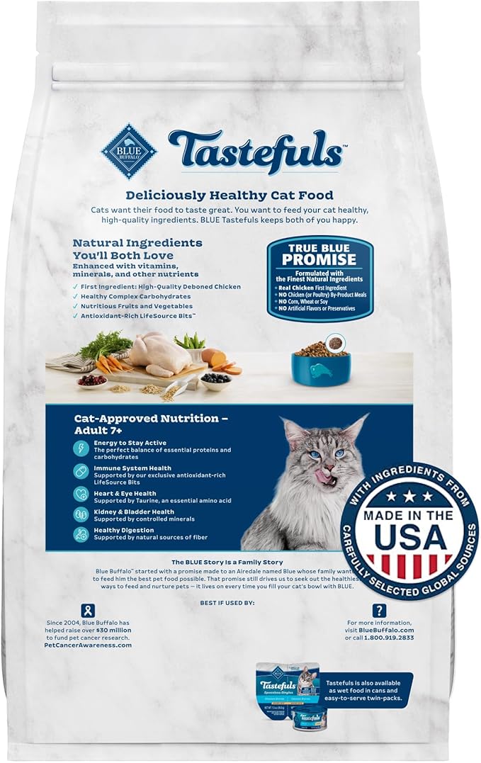 Blue Buffalo Tastefuls Mature Dry Cat Food for Adult Cats 7+, Made in the USA with Natural Ingredients, Chicken & Brown Rice Recipe, 3-lb. Bag
