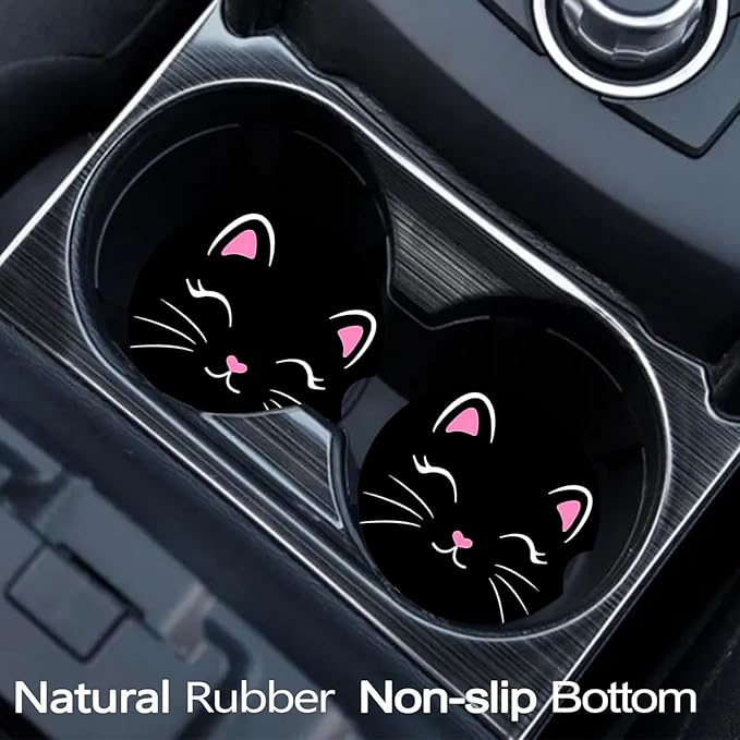 Car Coasters for Cup Holders,2 Pack Black Cat Car Coasters,2.75" Universal Size Anti Slip Rubber Mat,Automotive Cup Holder Decal Decor Accessories,Cute Cat Gifts for Women,Men,Mom