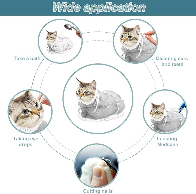 Cat Bathing Bag, Breathable Mesh Anti Scratch Adjustable Cat Grooming Bag for Nail Trimming, Bathing Polyester Soft Cat Washing Bag